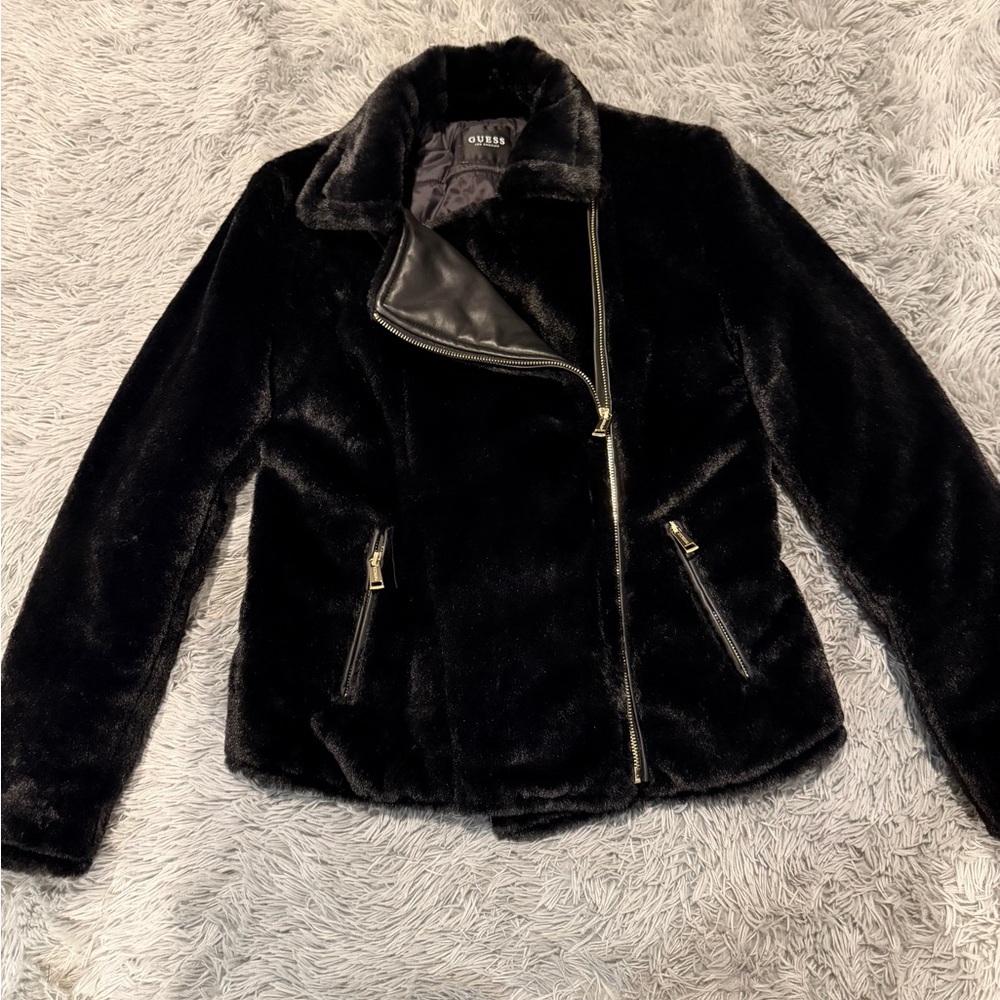 Guess Black Leather Quilted Jacket